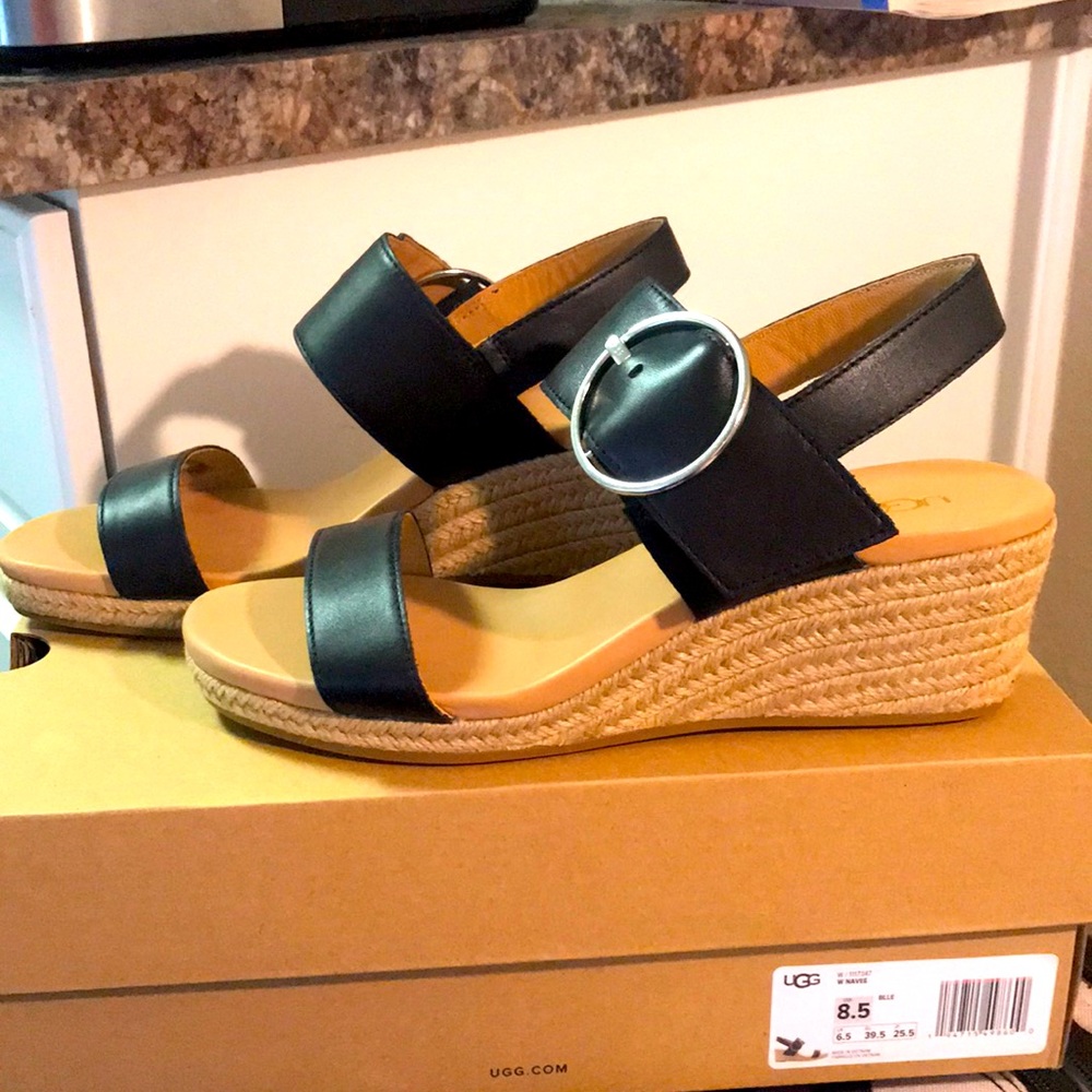 UGG Navee Black Wedge Sandals size 8.5 New Box